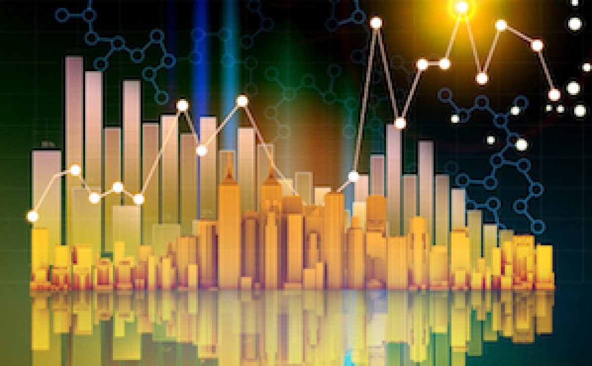 office skyscrapers and columnar chart on abstract background.