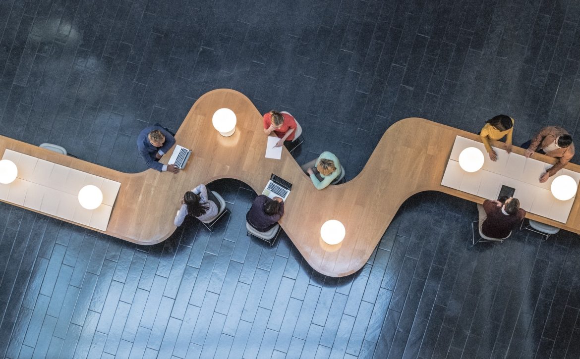 Overhead view of business meetings